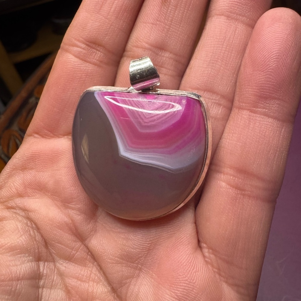 Pink Botswana Agate. 925 Silver Plated Pendant 1.8"